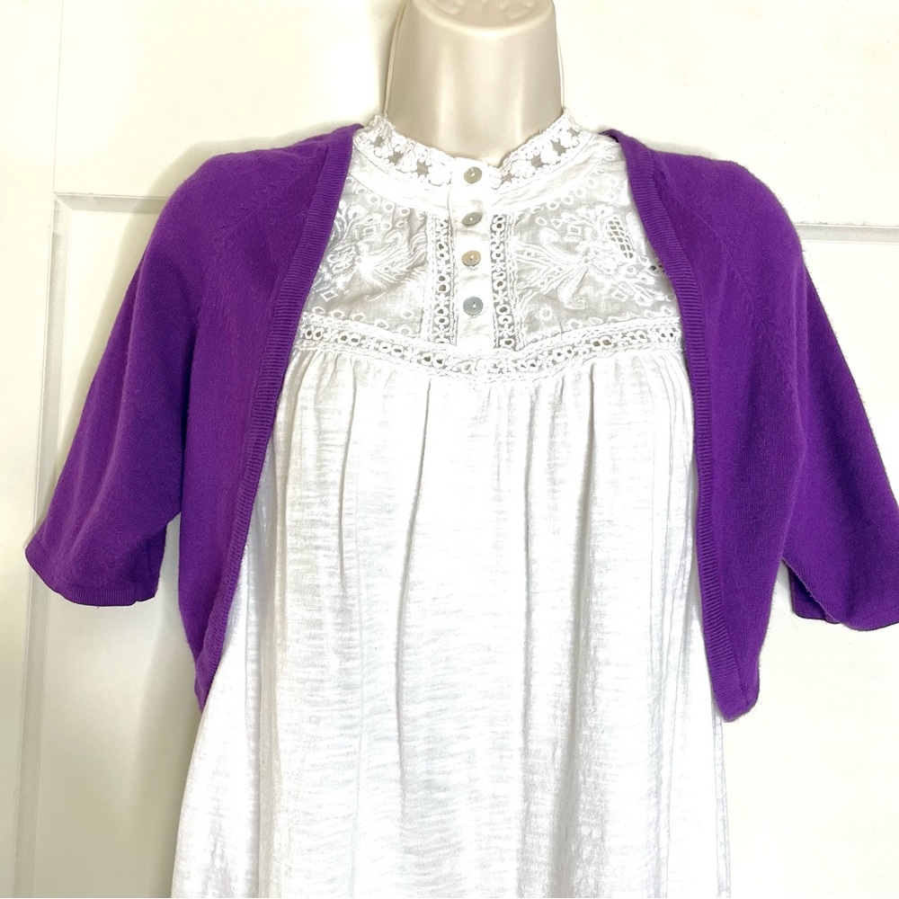 Purple knit bolero, cropped open cardigan, elbow length size S